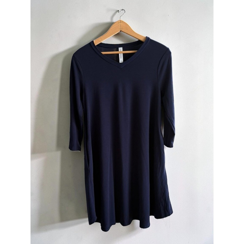 Zenana Premium Navy Blue V-Neck Swing Dress with Pockets 3/4 Sleeve Small